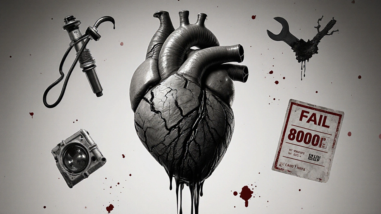 Srdce nahrazené motorem, kde olejové potrubí představuje krev plnou špíny.