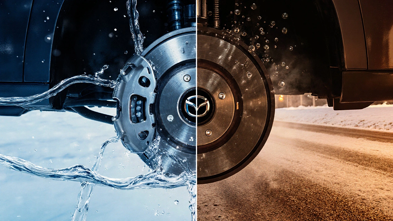 Srovnání čisté a znečištěné brzdové kapaliny v systému auta s představou vzniku bublin při zahřátí.