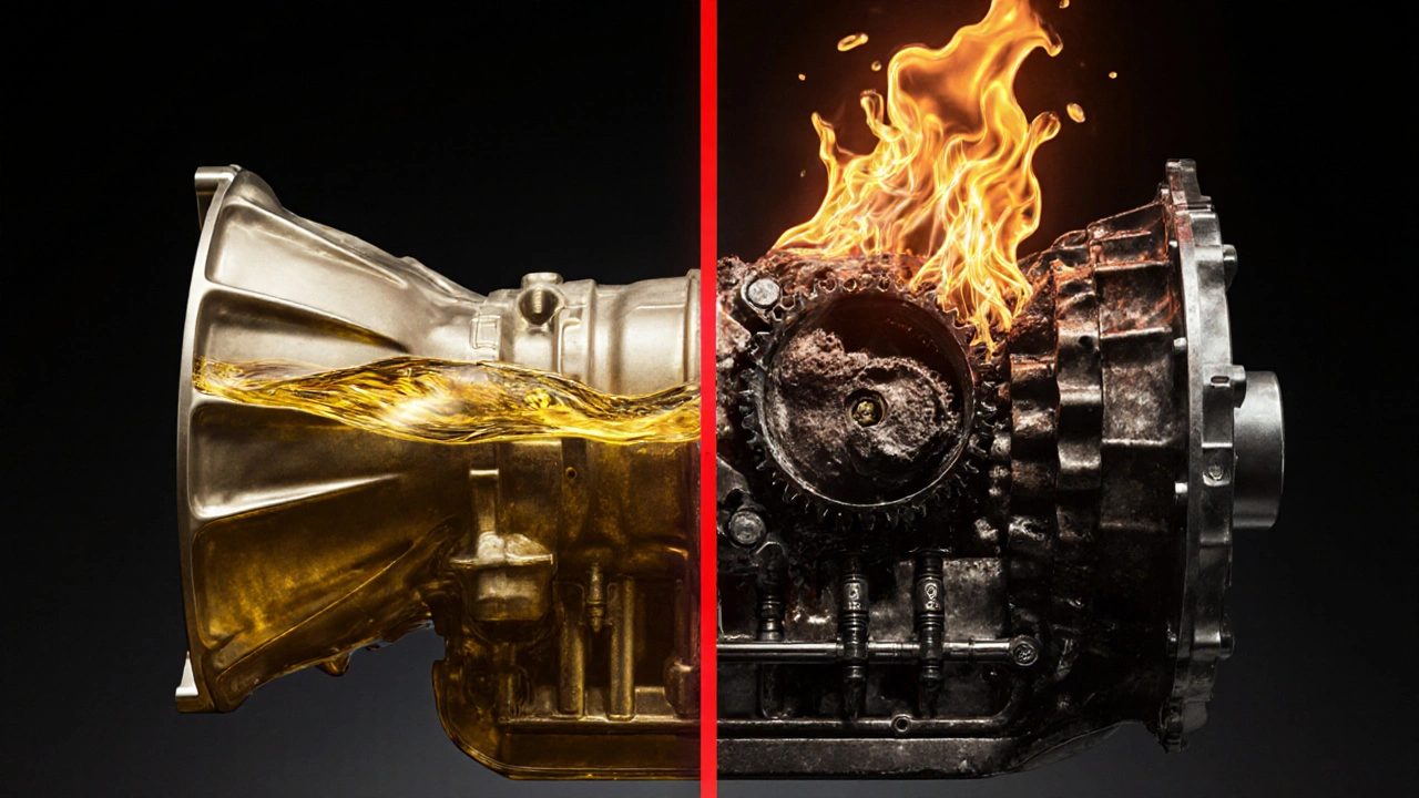 Srovnání čistého a znečištěného oleje v automatické převodovce s označením 120 000 km