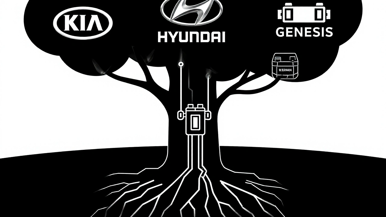 Strom s třemi větvemi Kia, Hyundai a Genesis, kořenící se v Hyundai Motor Group.