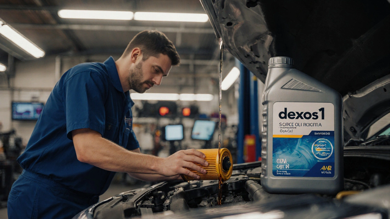 Technician replacing oil filter on Opel Insignia in a well-lit garage with dexos1 oil bottle.