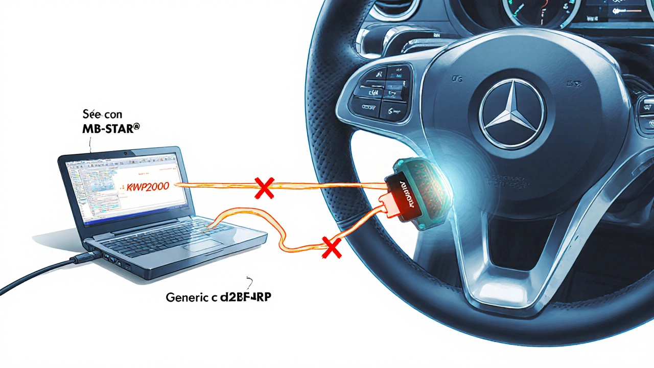 Technický náčrt připojení diagnostického kabelu k počítači s označenými protokoly MB-STAR a KWP2000.