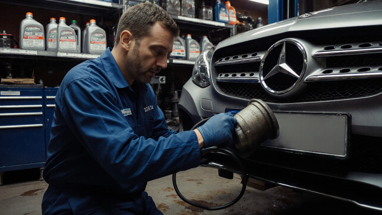 Technik v servisu v Česku vyměňuje filtr automatické převodovky u Mercedesu