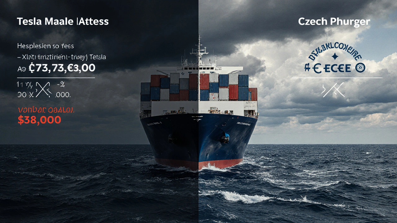 Tesla Model Y na nákladní lodi přepravovaná z USA do Česka, rozdělený obraz s náklady a přizpůsobením.