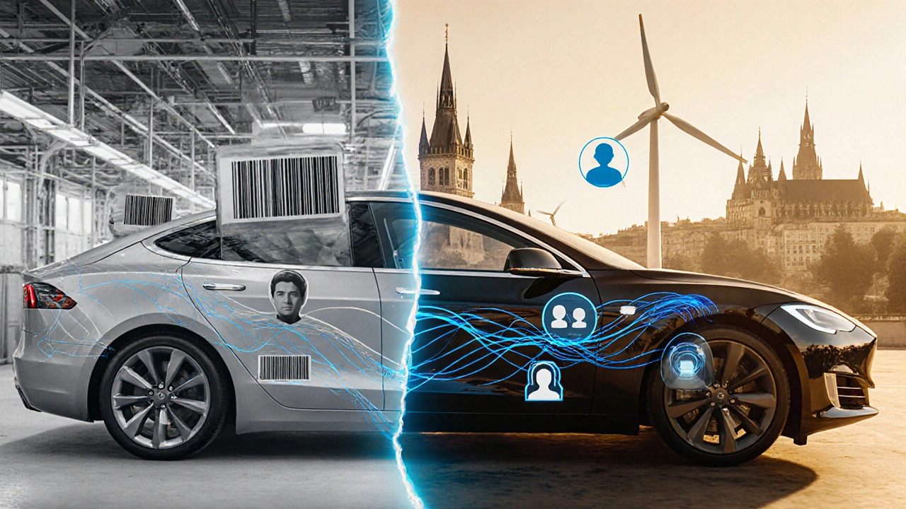 Tesla přechází z výrobního režimu do uživatelského režimu s digitálními symboly.