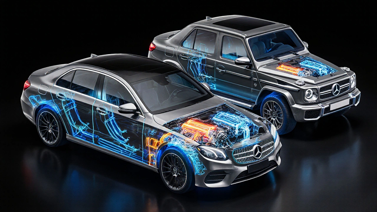 Three Mercedes models with transparent engines showing different oil capacities and heat patterns.