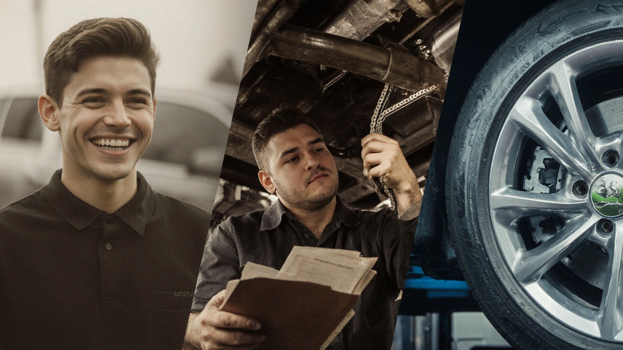 Timeline montage of Škoda Octavia maintenance from new to high-mileage with service logbook.