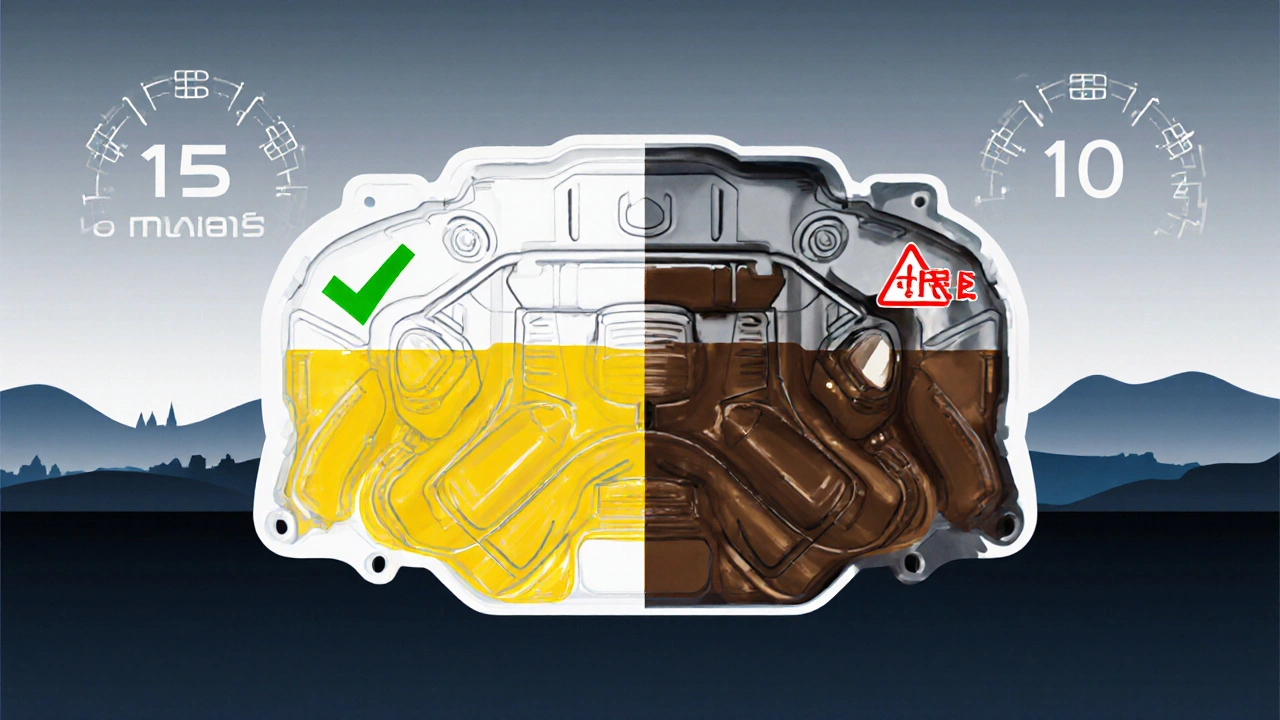 Transparent engine showing clean vs dirty oil flow with km interval comparison.