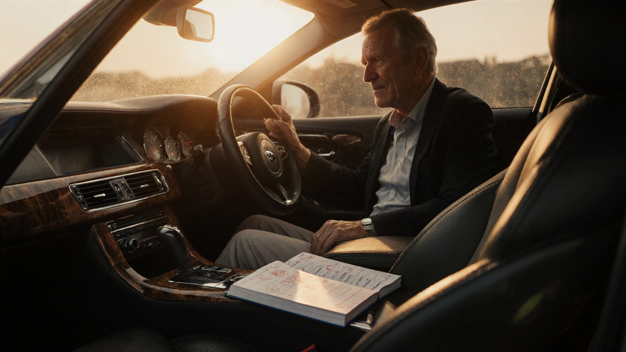 Vlastník Jaguaru XF sedí v autě při západu slunce, ruka na dřevěném panelu.