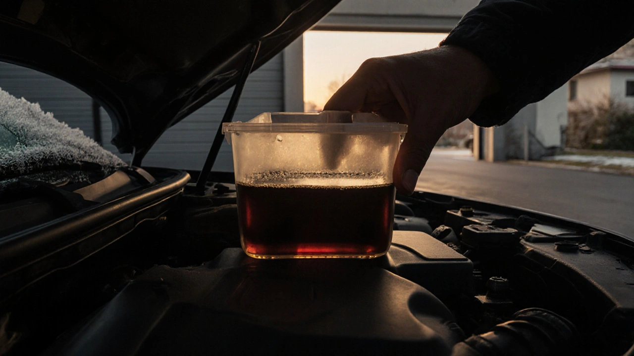 Vlastník Mazda pozoruje tmavou brzdovou kapalinu v nádržce pod kapotou ráno na zimním dvorku.