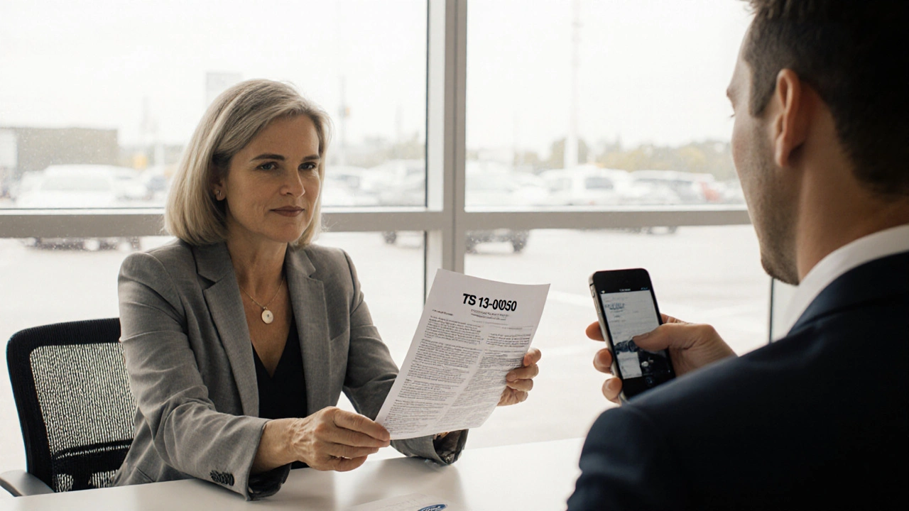 Žena předává servisu tisknutý technický dokument TSB, její telefon na stole zaznamenává rozhovor.