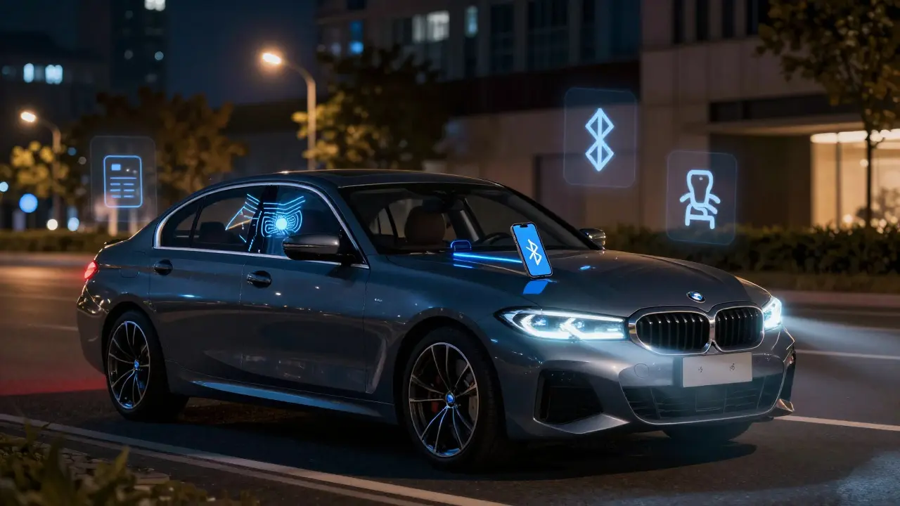 BMW v noci s neviditelnými technologickými doplňky: kamera, Bluetooth a LED světla.