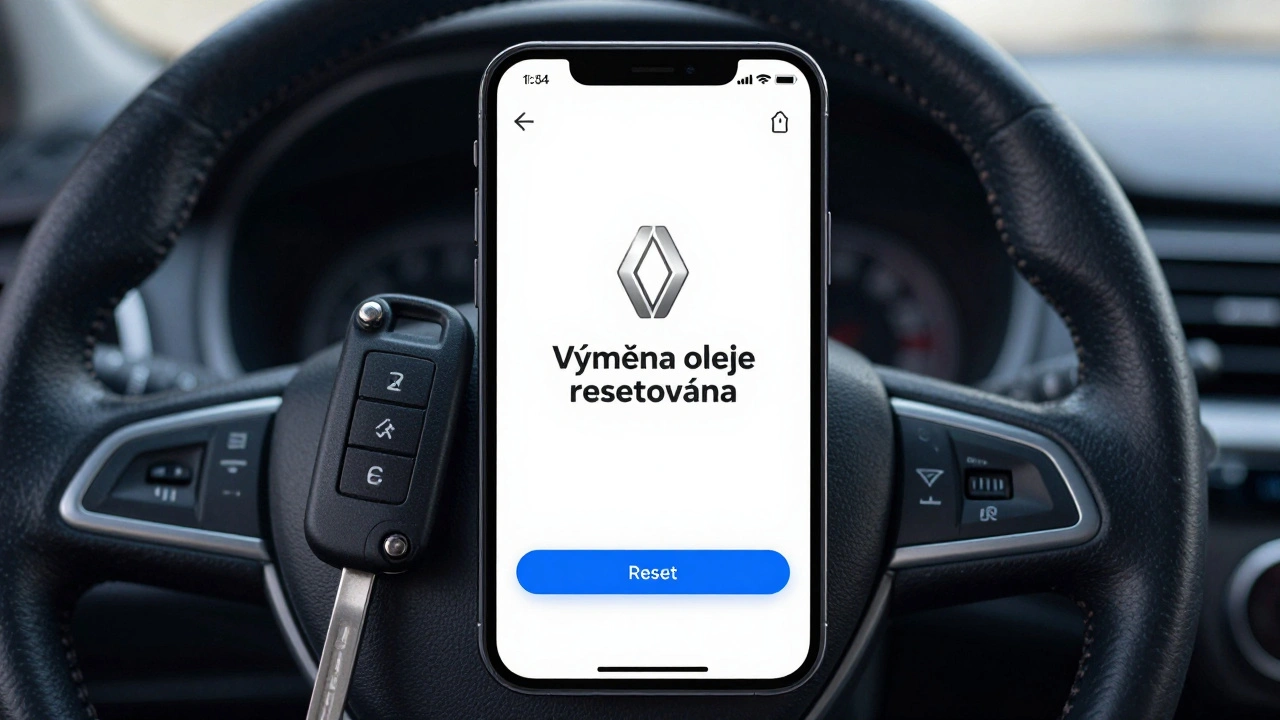 Chytrý telefon s aplikací Renault Connect zobrazující potvrzení resetu výměny oleje.