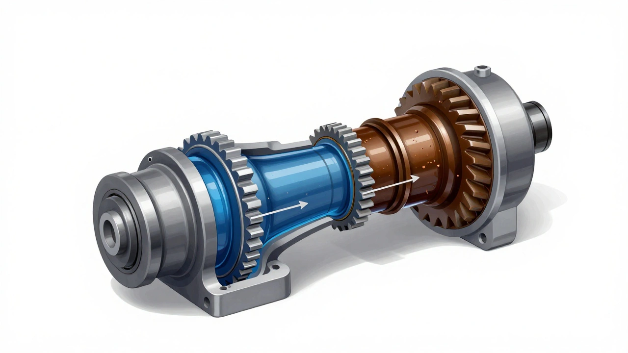 Cross-section diagram of manual transmission showing clean vs contaminated oil flow.