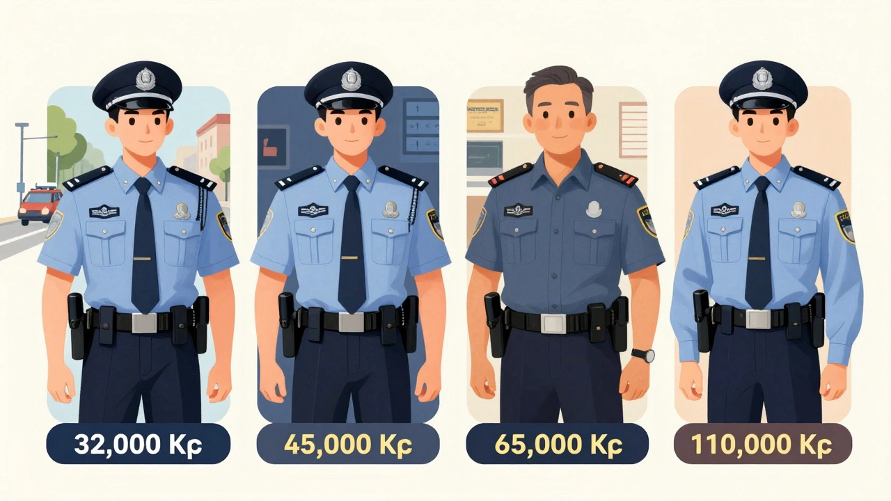 Čtyři policisté různých hodností s vizuálními indikátory kariérního postupu.