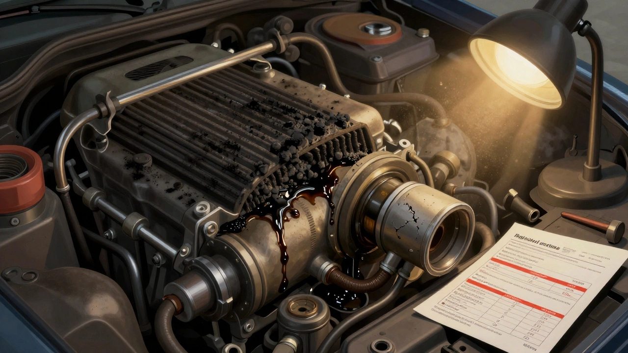 Detaily znečištěného FAP filtru a EGR ventilu v motoru.