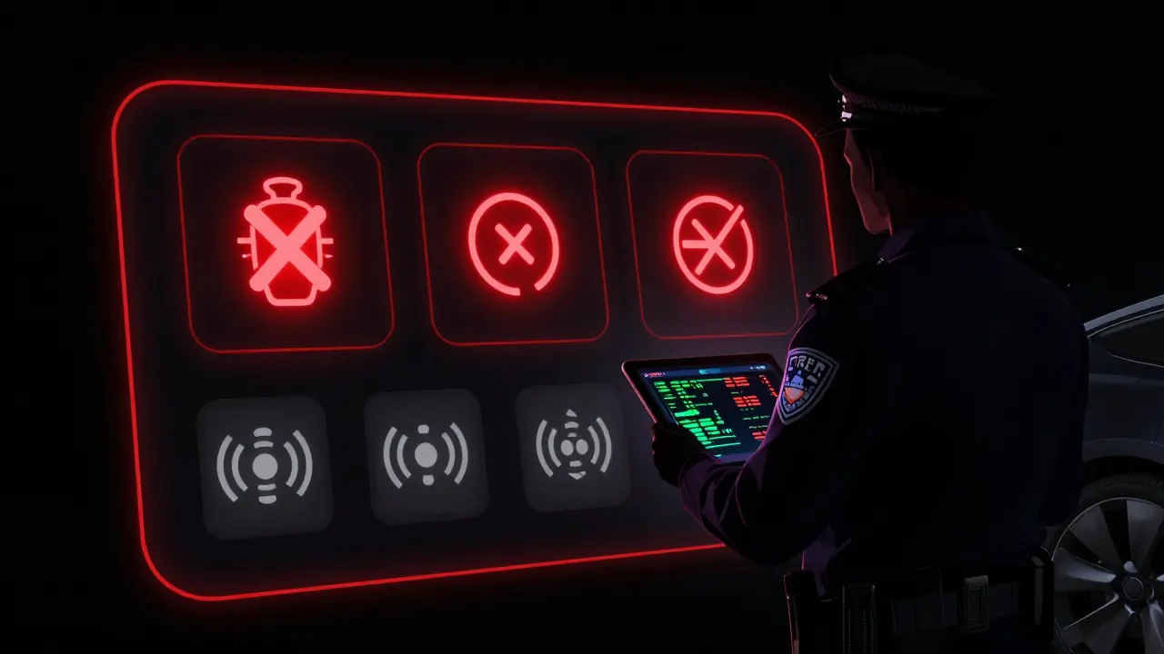 Digitální rozhraní Tesla s chybějícími senzory a nelegálními úpravami softwaru.