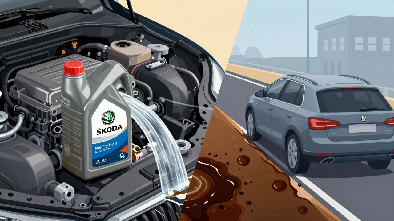 Engine with clean oil flow on one side and contaminated oil on the other, symbolizing driving conditions.