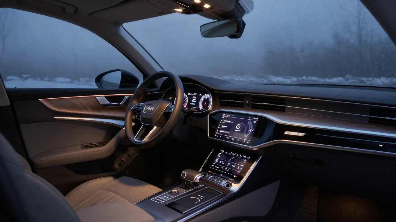 Interiér Audi A6 s luxusními materiály a digitálním displejem v noci