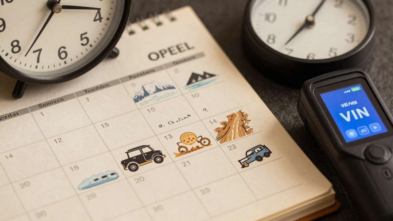 Kalendář s výměnami oleje a ikonami náročné jízdy vedle servisní knížky.