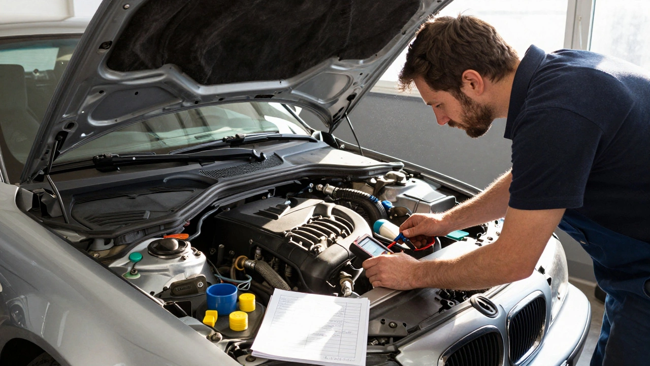 Mechanic inspecting a BMW E46 engine in a well-lit garage with original parts and service logs.