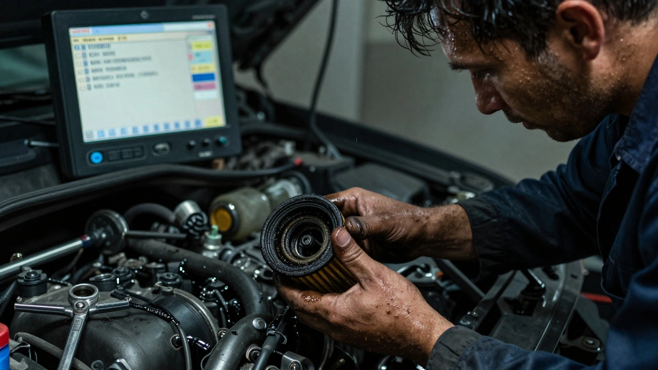 Mechanik odstraňuje znečištěný olejový filtr z motoru Renaultu s viditelnými nánosy špíny.