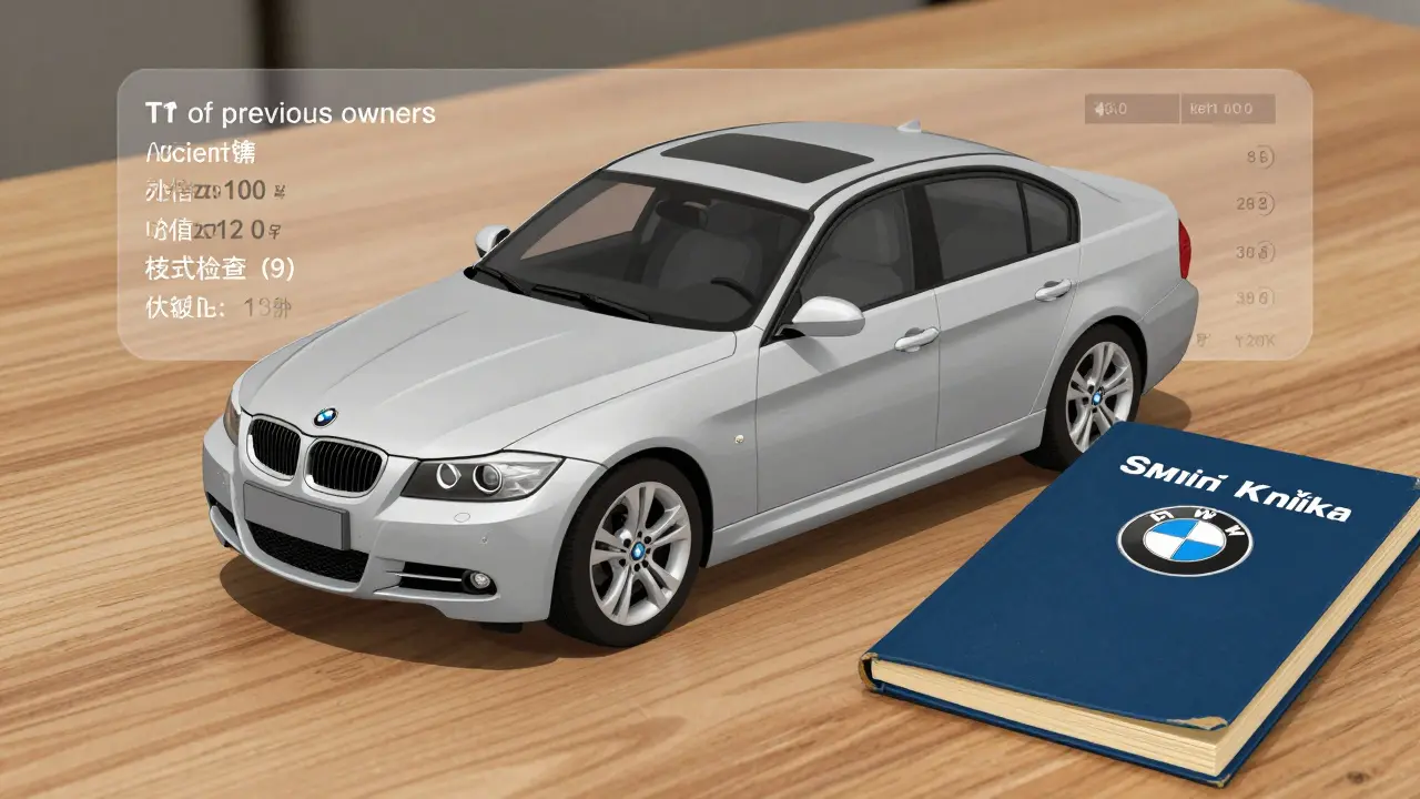 Průhledný přehled historie BMW E90 s údaji o majitelích a technických prohlídkách vedle servisní knížky.