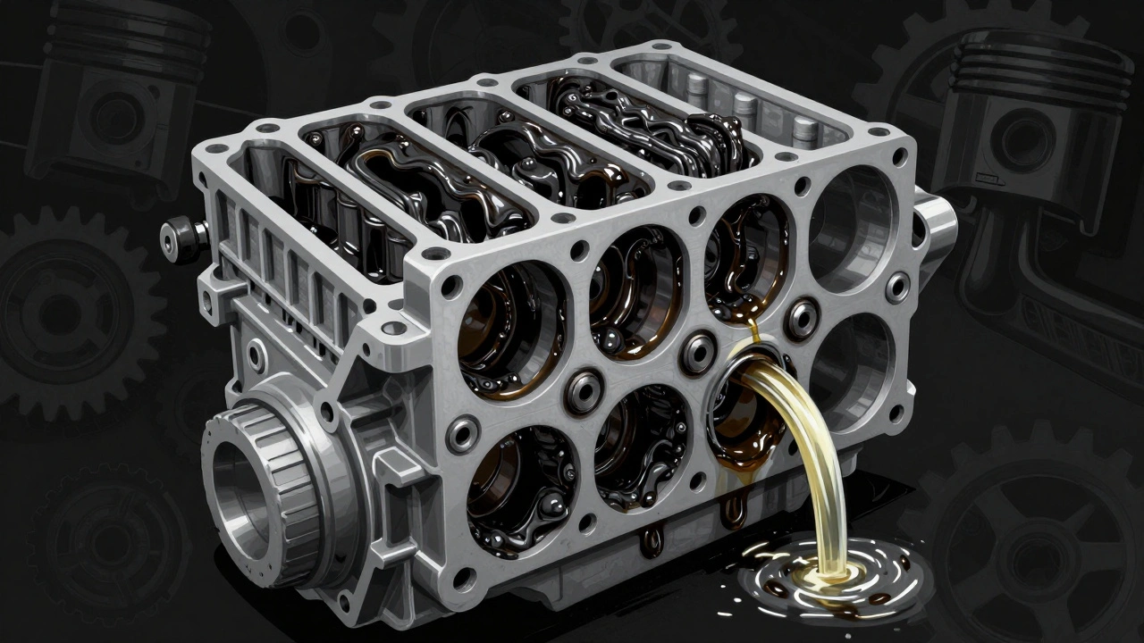 Průřez motoru s černou hlušinou a čistým olejem v protikladu.