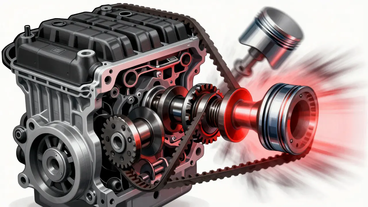 Průřez motoru Škoda s přetrženým řemenem a poškozenými ventily a písty.