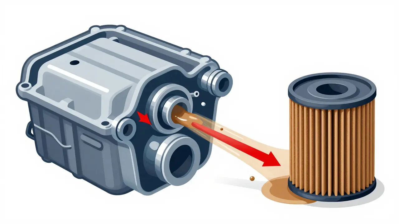 Průřez motoru ukazující, jak čistý olej projde filtrem, zatímco špína minuje zanesený filtr.
