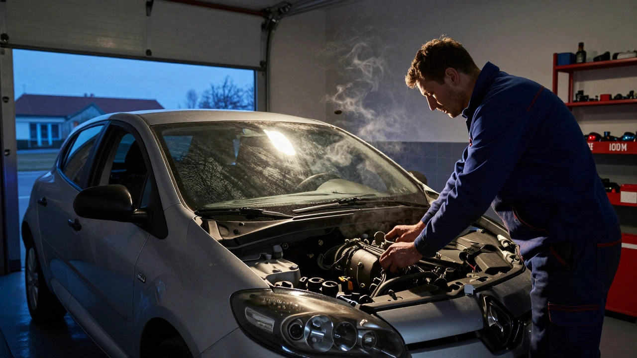 Renault Megane in garage at dusk, technician replacing transmission oil before winter.