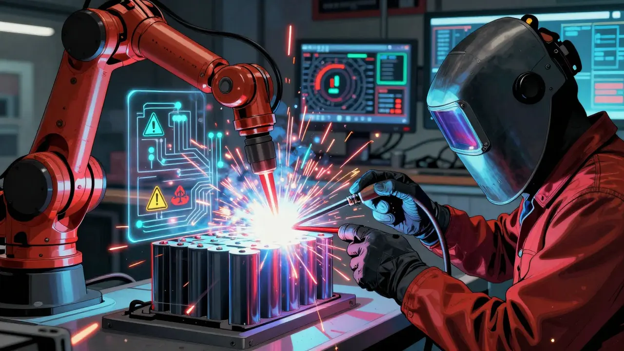 Robotic arm s laserovým svářením bateriové krabice s přehledem dat a varovných symbolů.