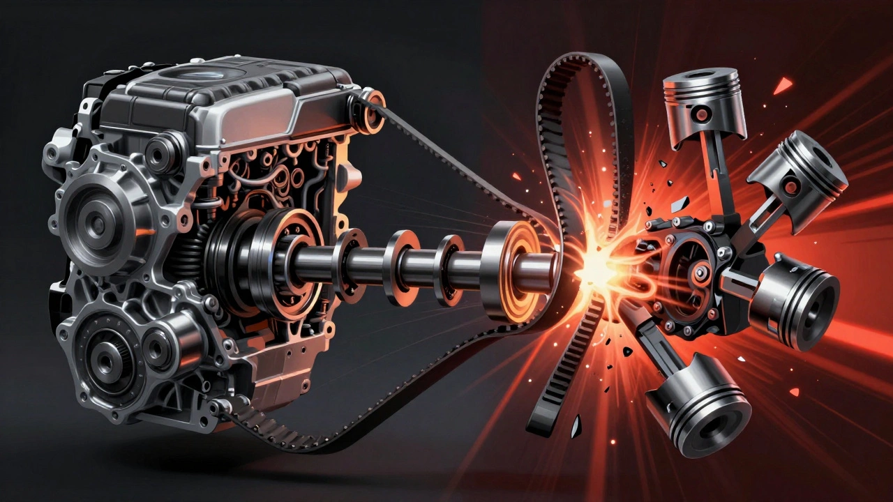 Rozdělený pohled na motor: celistvý řemen vs. přetržený řemen s poškozením ventilů a pístů.