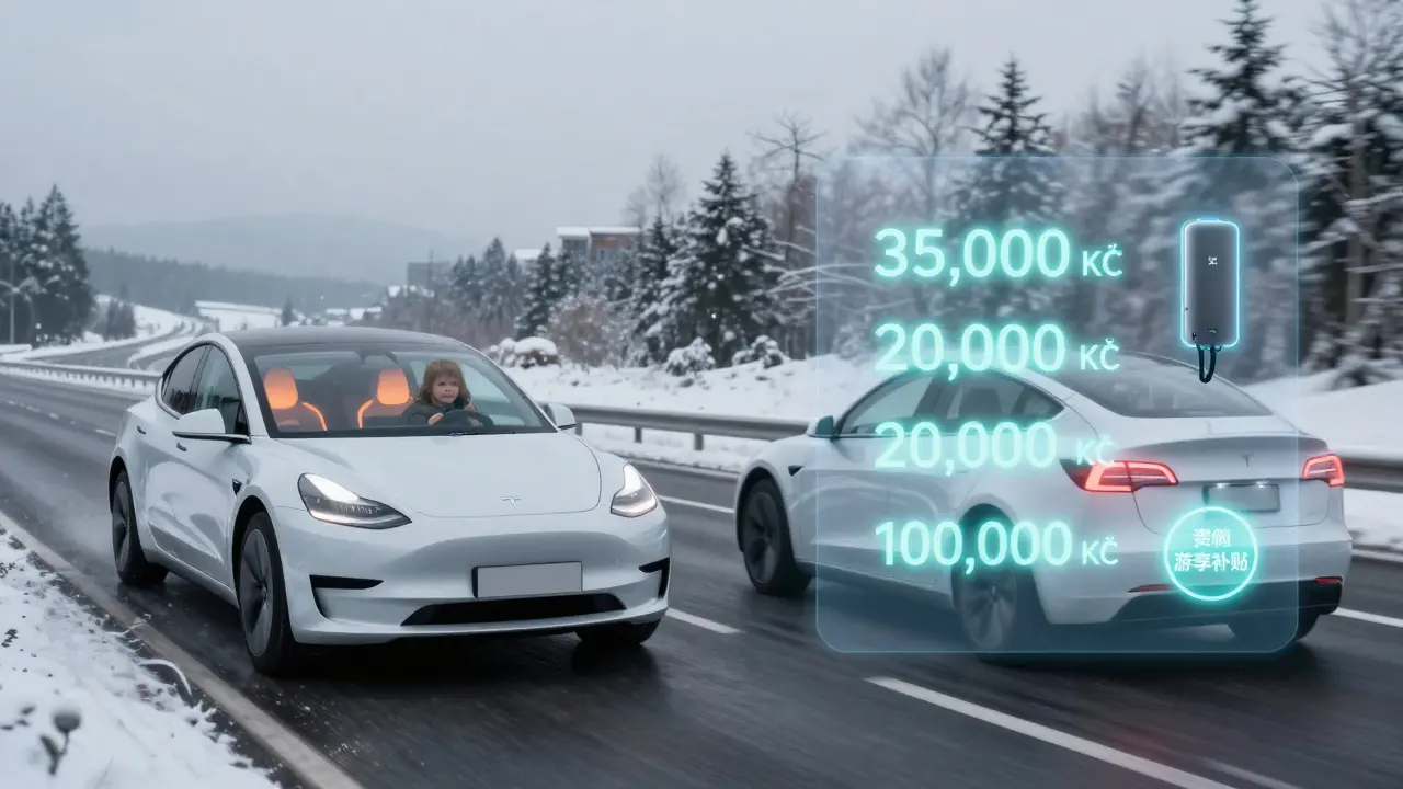 Rozdělený pohled: Tesla s rodinou na silnici a skryté náklady jako transparentní grafika.