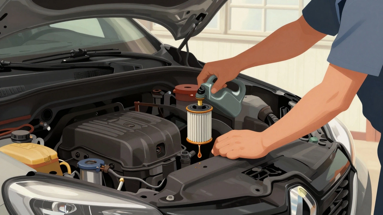 Ruce mechanika vyměňují olejový filtr u motoru Renault Captur s čerstvým olejem a nářadím.