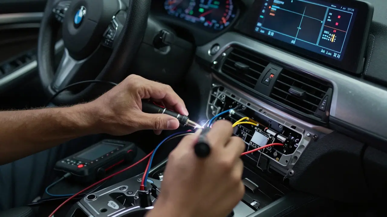 Ruce technika opravují skrytou kabeláž v automobilovém panelu.