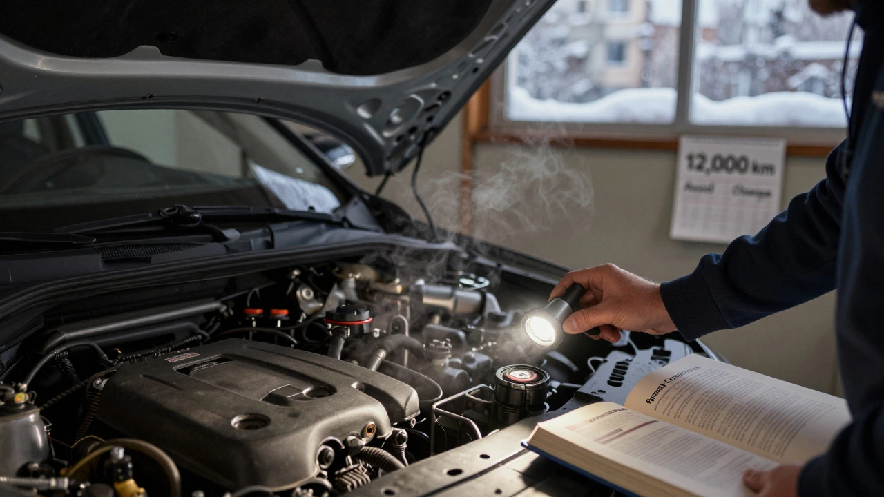 Škoda Superb iV hybrid in winter garage with owner checking oil level under flashlight.