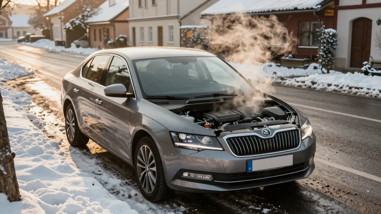 Škoda Superb v zimním Brně s nálepkou na skle označující výměnu filtru, sníh na silnici.