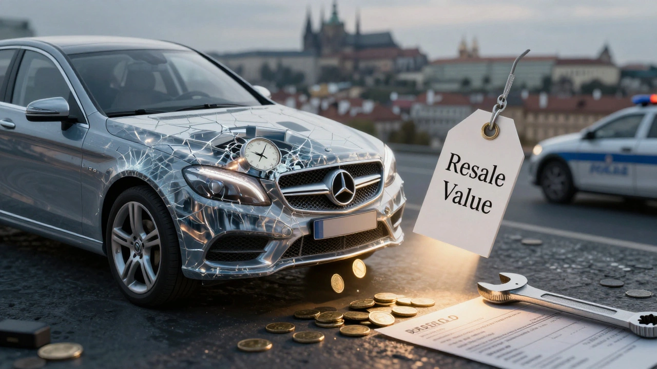 Symbolický obraz auta s klesající hodnotou a pokutami.