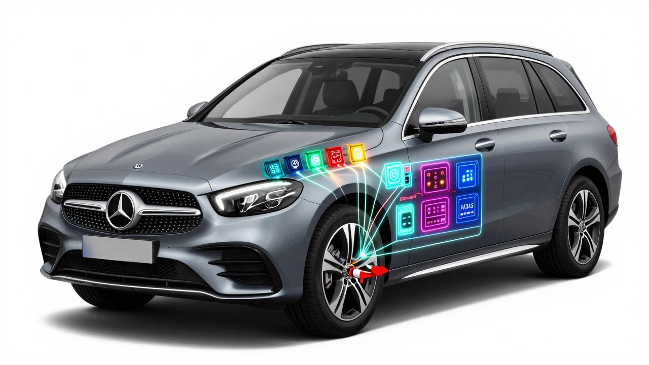 Technický náčrt elektronických modulů auta Mercedes s označeným selháním senzoru.