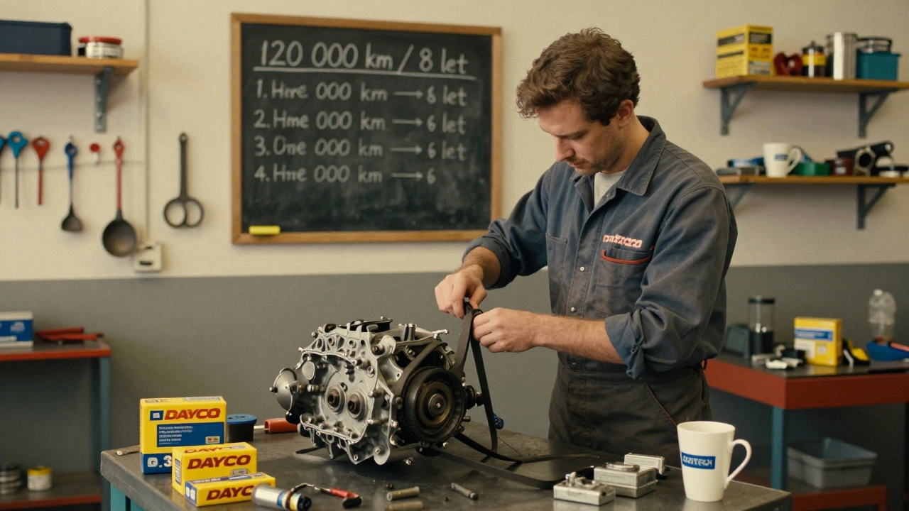 Technik v dílně vyměňuje řemen u Mazda 6 s kvalitními díly a tabulkou servisních intervalů.