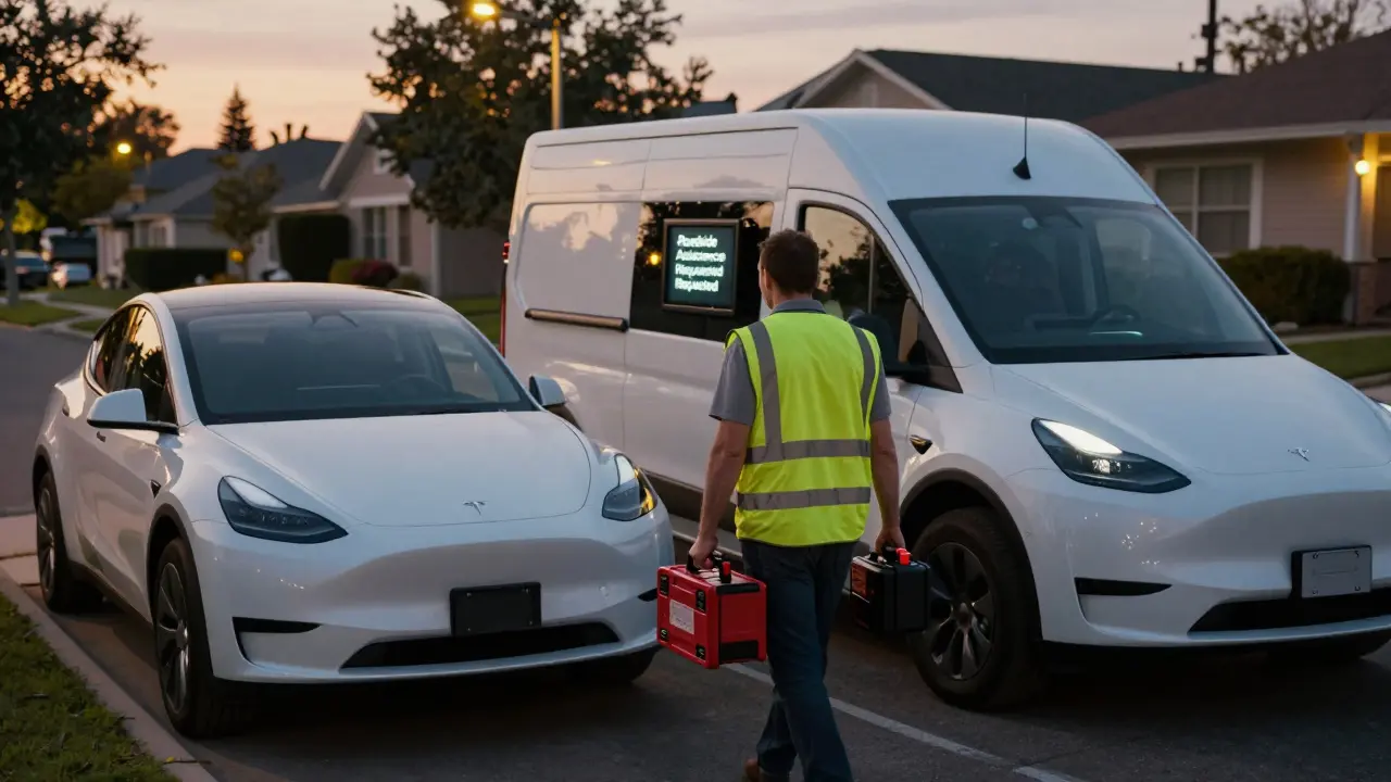 Tesla mobile service van přijíždí k Model Y ve večerní ulici