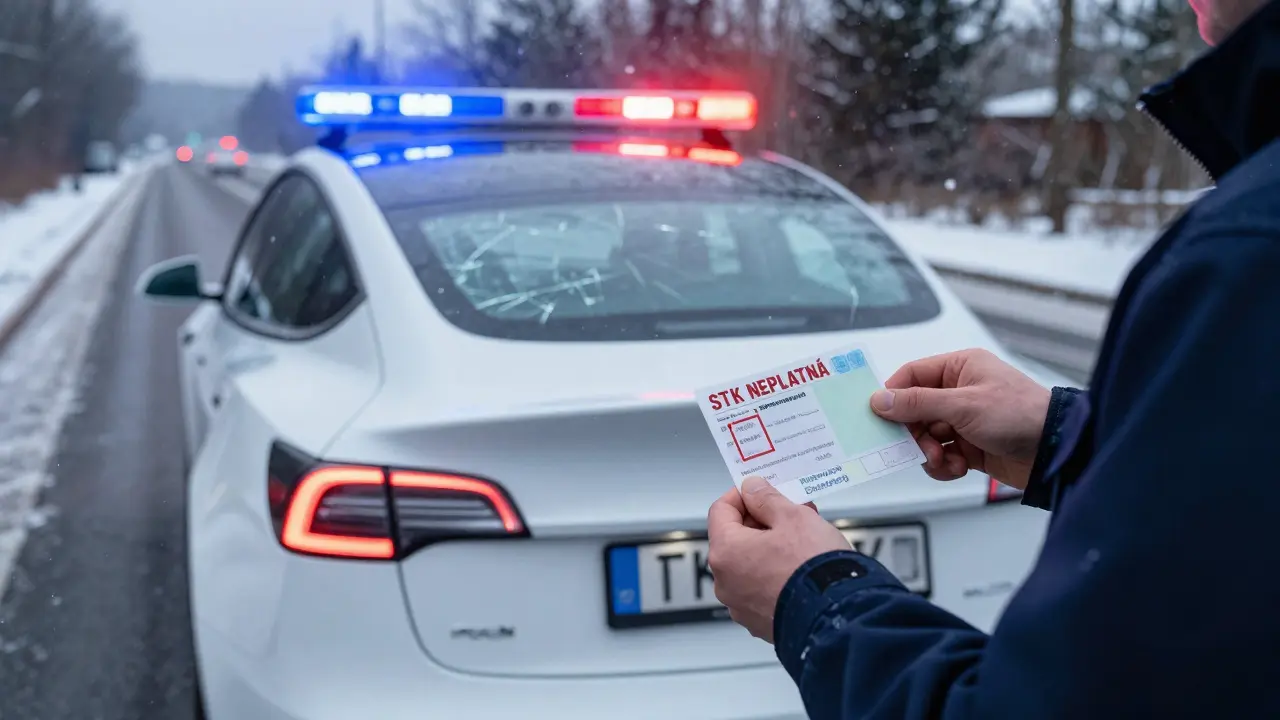 Tesla zastavena policií kvůli neplatné STK, blikají varovné světla.