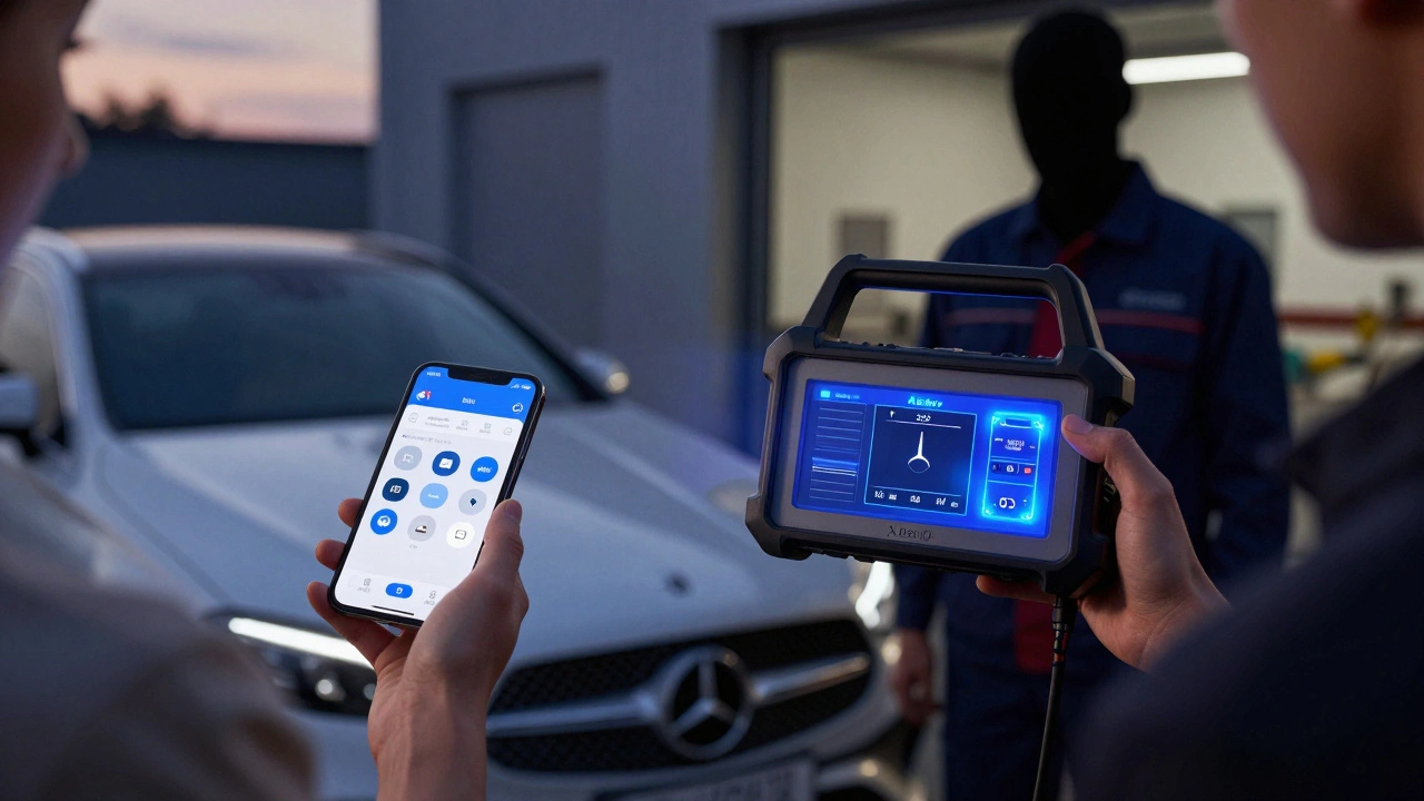 Vlastník s mobilní aplikací a profesionálním diagnostickým přístrojem vedle auta.