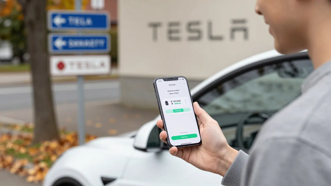 Vlastník Tesly v Brně prohlíží stav auta na telefonu při výjezdu ze servisu.