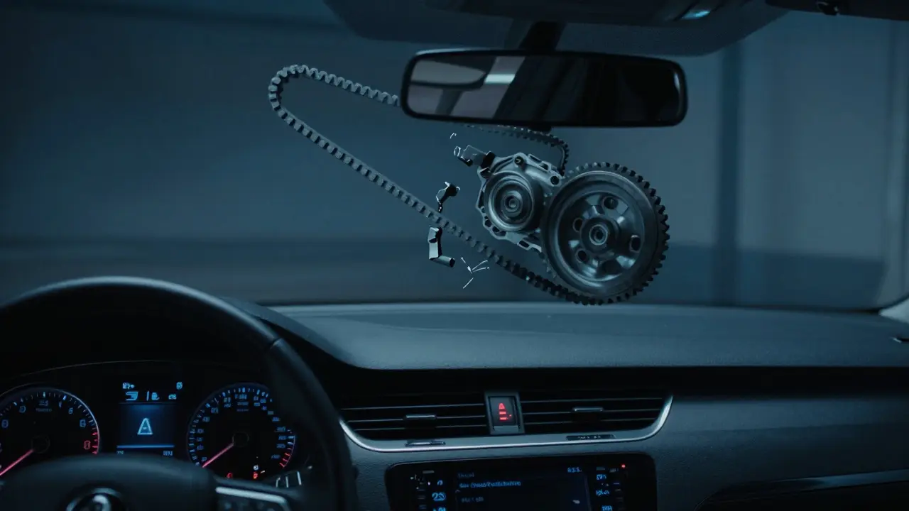 Vnitřek Škoda Superb s kontrolkou motoru a představou přetrženého rozvodového řemene.