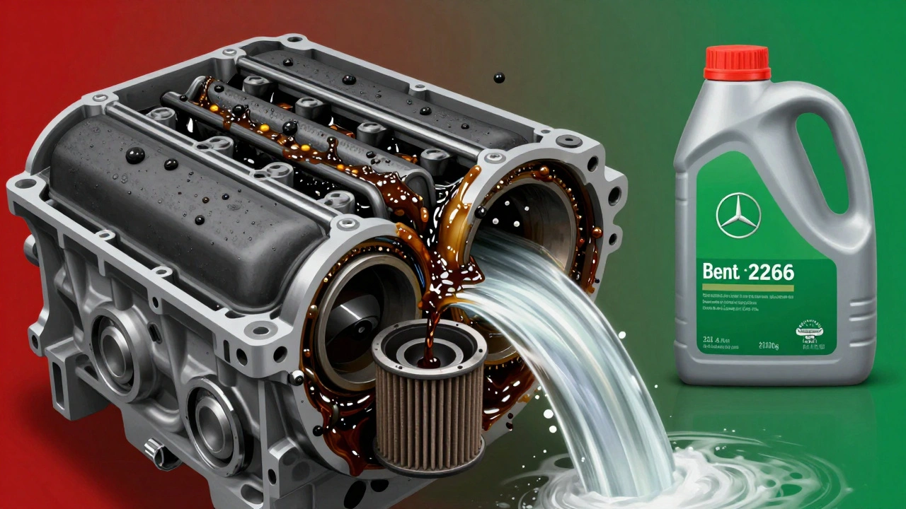 Vnitřní pohled na motor Mercedesu s znečištěným olejem a ucpanými kanálky.