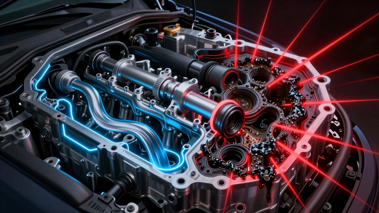 Vnitřní řez motoru ukazující správné mazání v jedné části a poškození od brzdové kapaliny a kuchyňského oleje v druhé.