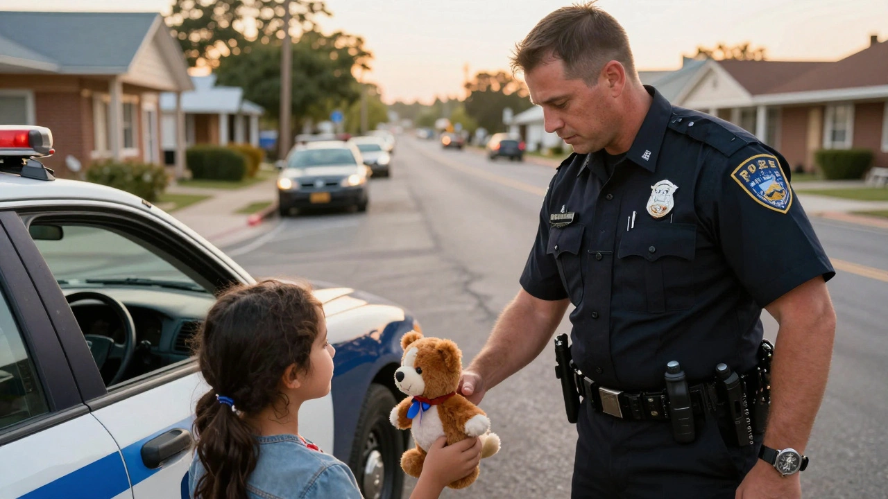 Zkušený policista předává dítěti hračku po dopravní nehodě.