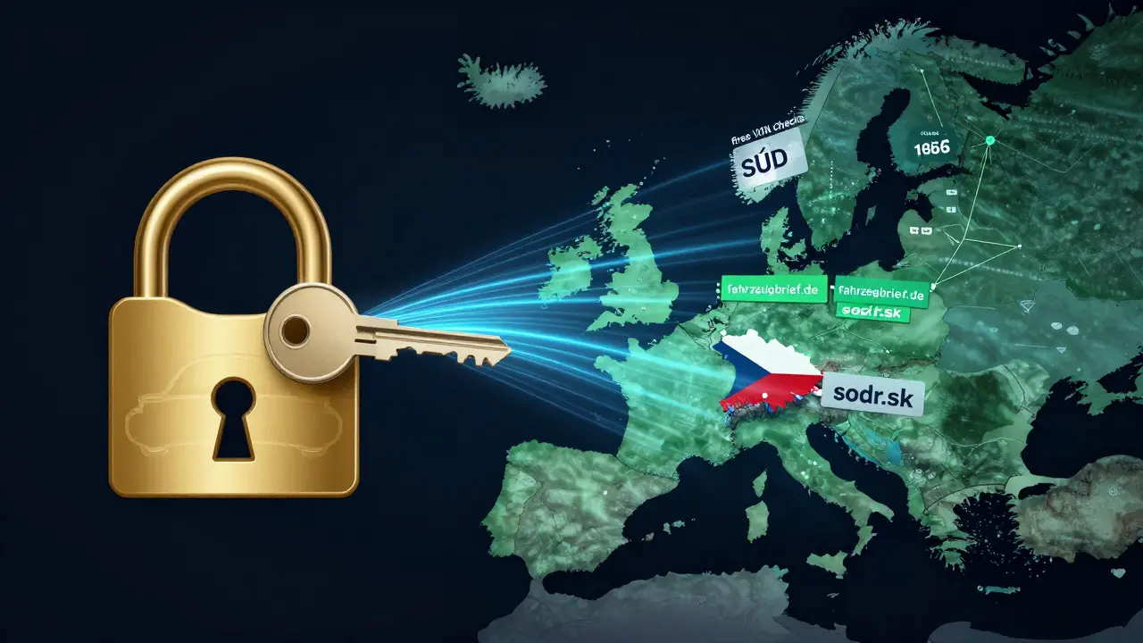 Zlatý klíč odemyká zámek ve tvaru auta, symbolizující bezplatnou kontrolu historie auta v Evropě.